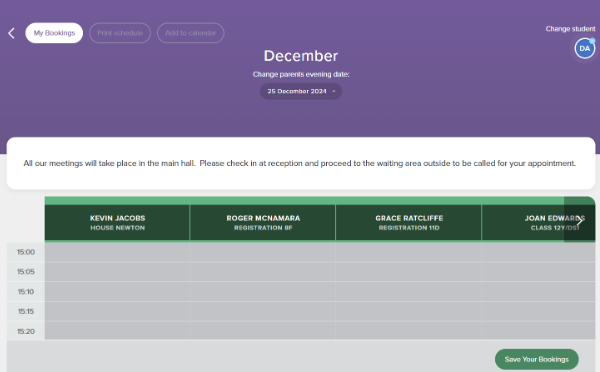 creenshot of the parents' evening booking screen, displaying the 'Save Your Bookings' button in the bottom-right corner.