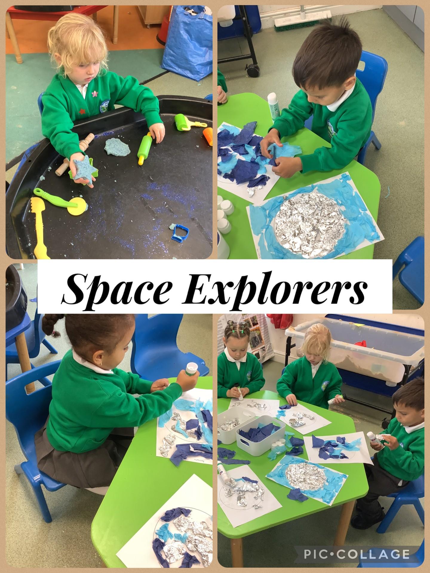The children have been exploring collage to create space pictures.